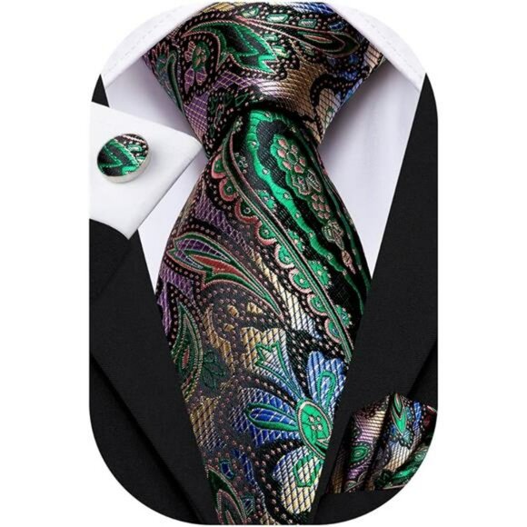 Silk paisley tie set for men with pocket square cufflinks formal wedding busines - Picture 7 of 7